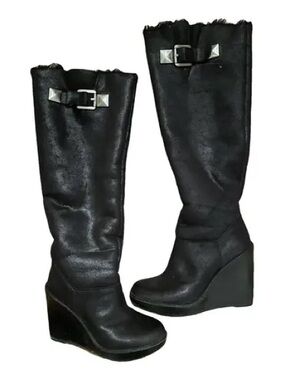 Michael Michael Kors Black Suede Fur Wedge Knee-High Boots with Buckle Accent